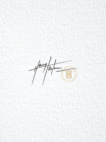 Harry Hartman signature in black on white page with gold logo