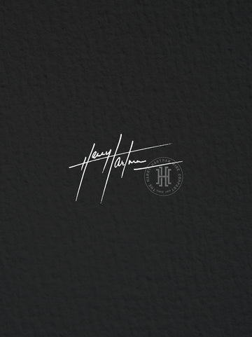 Harry Hartman signature in white on a black background with the logo